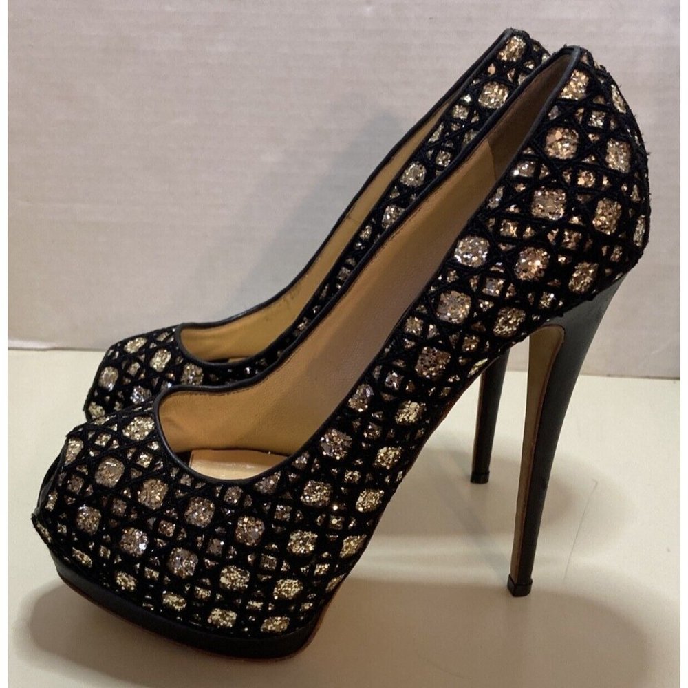 Giuseppe Zanotti Black and Gold Leather Peep Toe Platform Pumps Size 40.5 - Picture 6 of 9